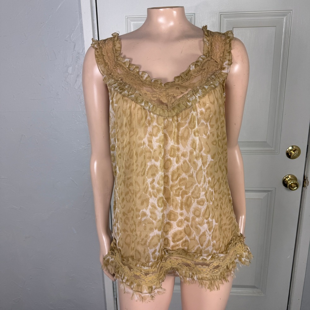 Vintage Y2K Wet Seal Shirt Large Ruffle Animal Print Lace Blouse Sheer L3-20